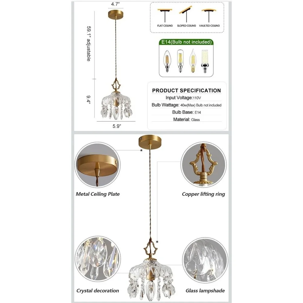Brass Vintage Petal Glass Pendant Light Crystal Hanging Ceiling Light New